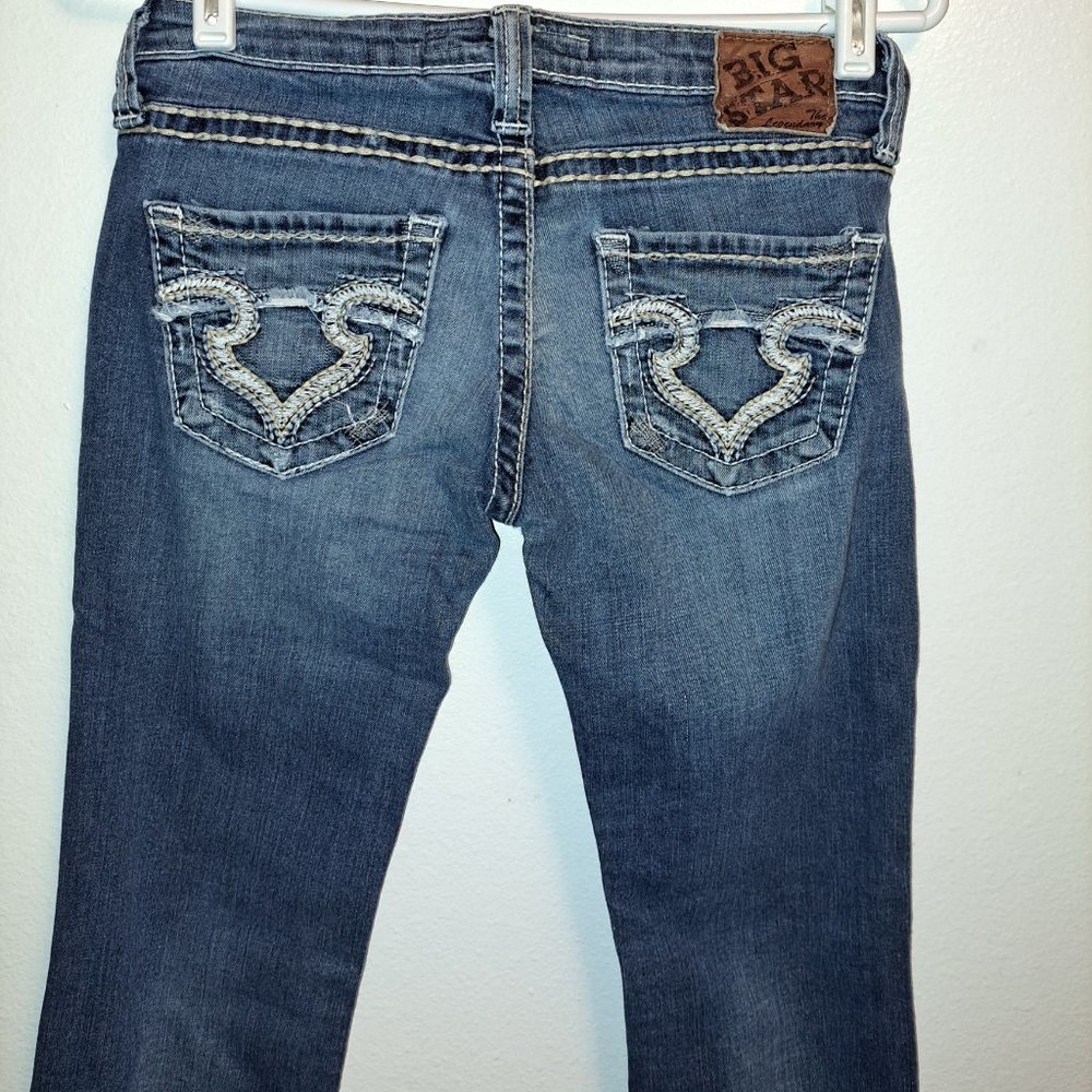 💫Big Star Sweet Boot Ultra-Low Rise Embroidered Distressed Jeans 26R